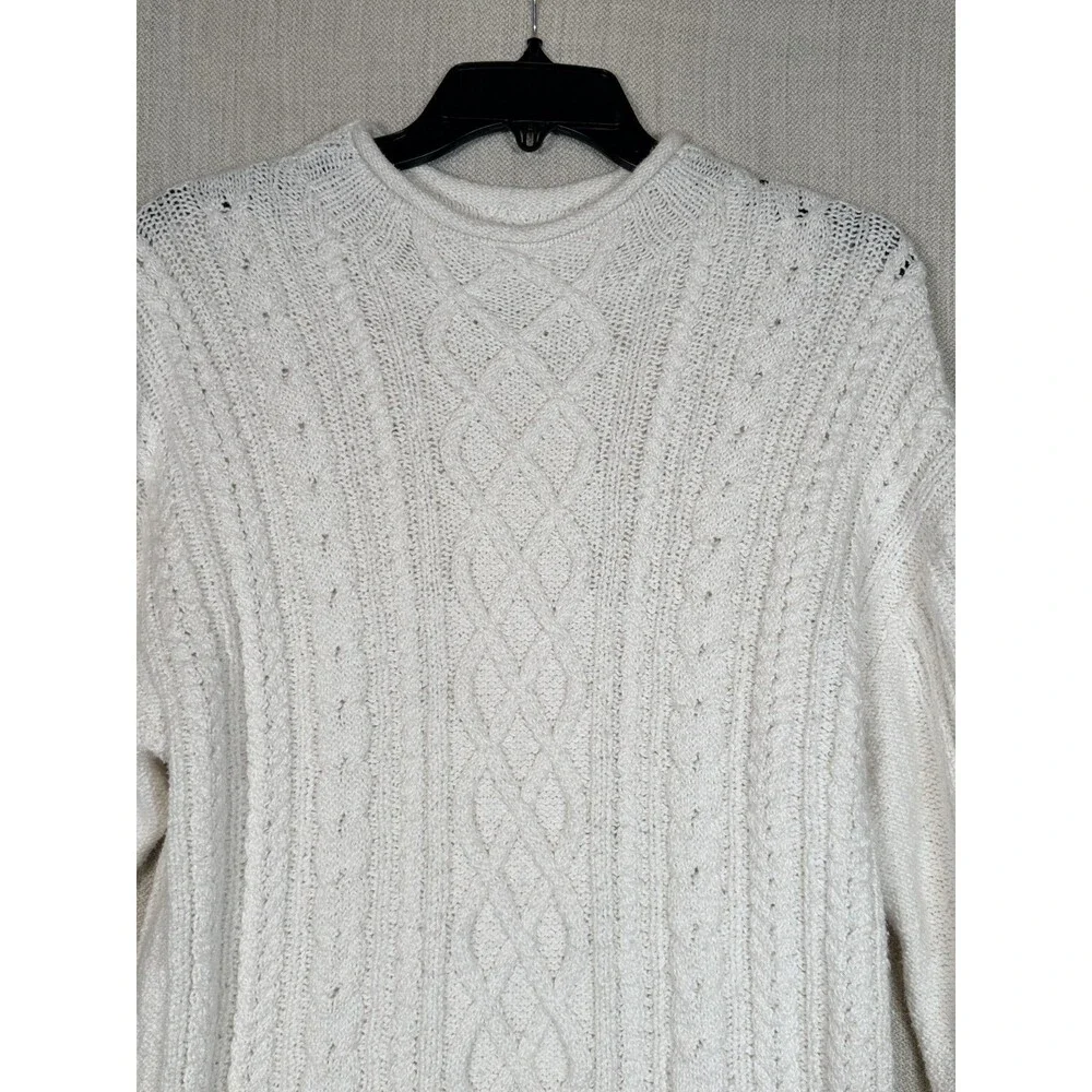 J. Crew Roll Neck Cable Knit Sweater Women M White Cotton Blend Preppy Fisherman
